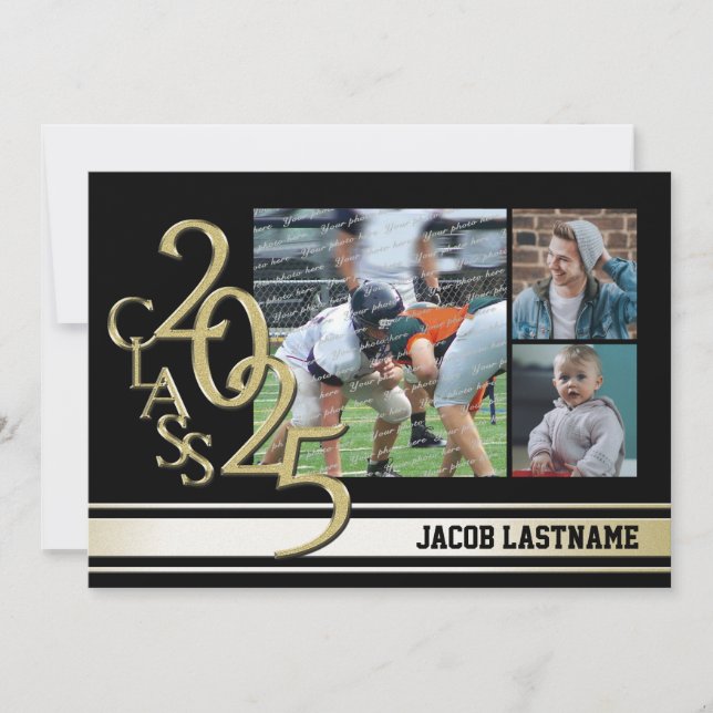 Varsity Stripe Tri Photo Gold Graduate Invitation (Front)