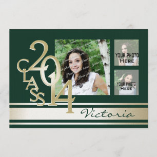 Varsity Stripe Tri Photo Green and Gold Invitation