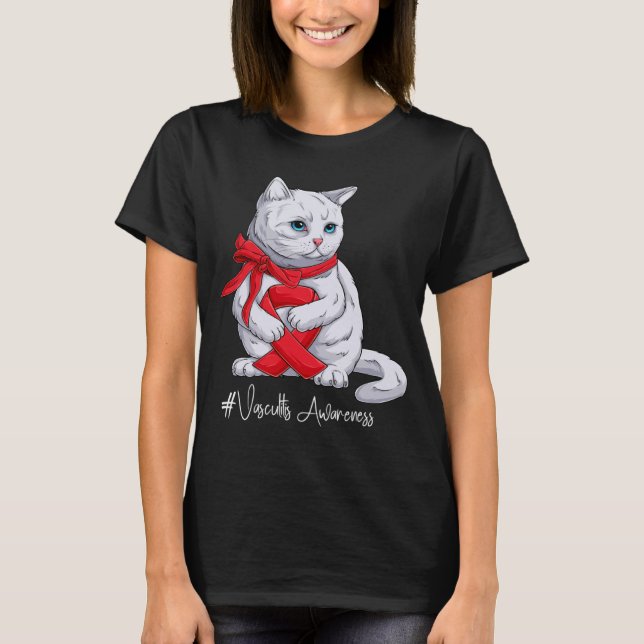 Vasculitis Awareness Month Red Ribbon Cat T-Shirt (Front)