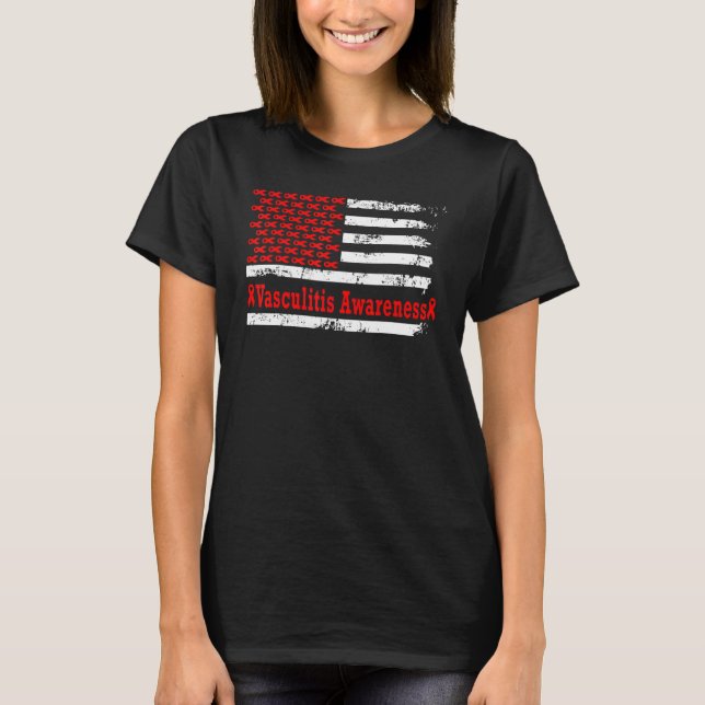 Vasculitis Awareness USA Flag American Support Red T-Shirt (Front)