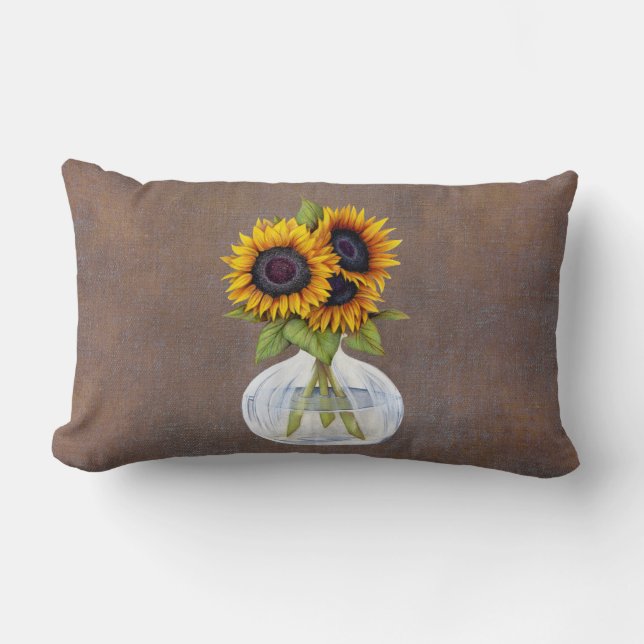 Vase Beautiful Sunflowers on Brown Rustic Lumbar Pillow (Front)