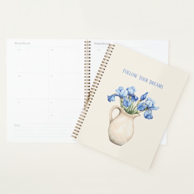 Vase Crème Fleurs Iris Violettes   (Devant avec enveloppe)