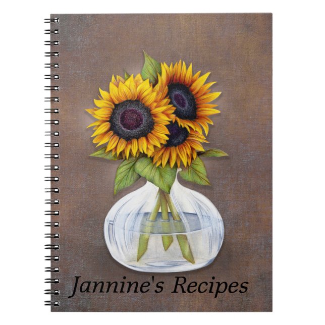 Vase of Beautiful Sunflowers on Rustic Brown Notebook (Front)