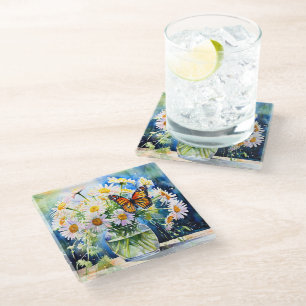 Vase of Daisies Pretty Floral   Glass Coaster