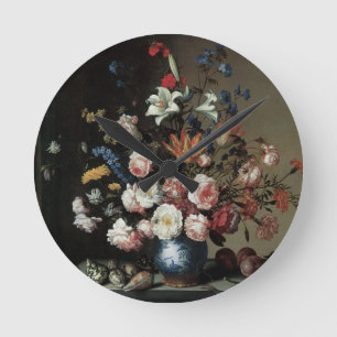 Vase of Flowers by a Window, Balthasar van der Ast Round Clock