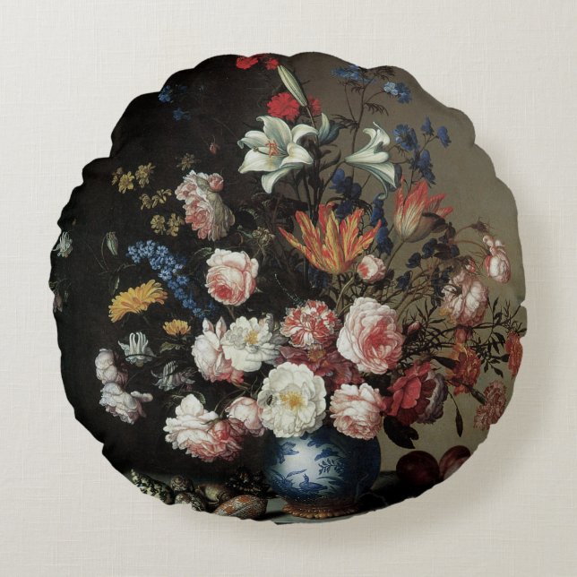Vase of Flowers by a Window, Balthasar van der Ast Round Pillow (Front)