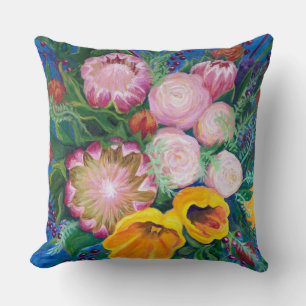 Vase of Flowers -- Proteas, Tulips and Roses Throw Pillow