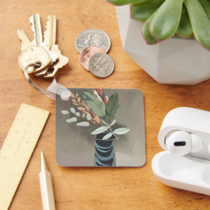 Vase of leaves minimalist art keychain
