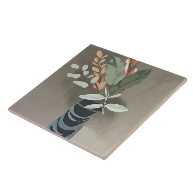 Vase of leaves minimalist art tile (Side)