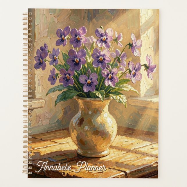 Vase of Purple Violets Impasto Personalized Planner (Front)