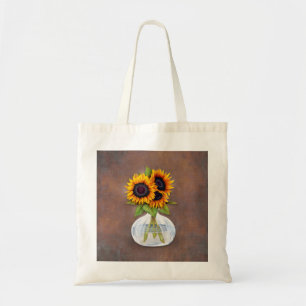 Vase of Sunflowers on Brown Rustic Tote Bag