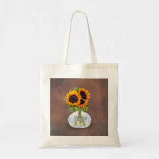 Vase of Sunflowers on Brown Rustic Tote Bag