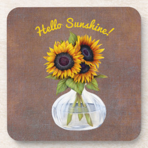 Vase of Three Beautiful Sunflowers on Brown Coaster