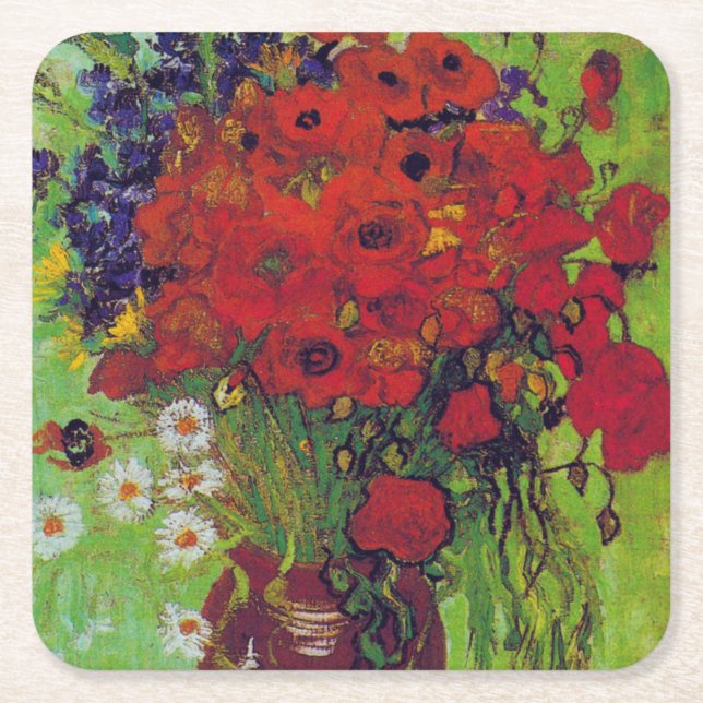Vase with Cornflowers and Poppies, Van Gogh Square Paper Coaster (Front)