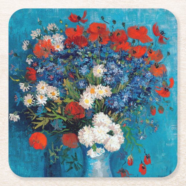 Vase with Cornflowers and Poppies, Van Gogh Square Paper Coaster (Front)