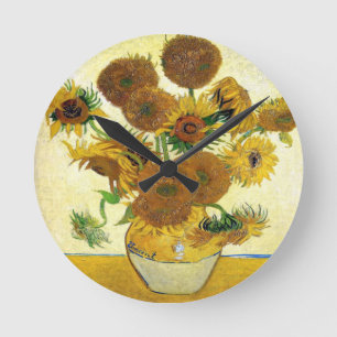 Vase With Fifteen Sunflowers By Vincent Van Gogh Round Clock
