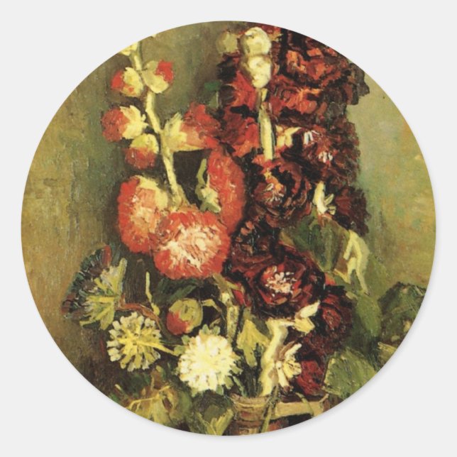 Vase with Hollyhocks by Vincent van Gogh Classic Round Sticker (Front)