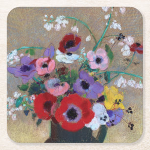 Vase with Mixed Flowers, Redon Square Paper Coaster