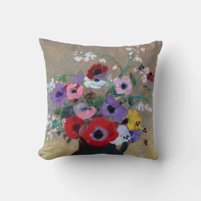 Vase with Mixed Flowers, Redon Throw Pillow (Front)