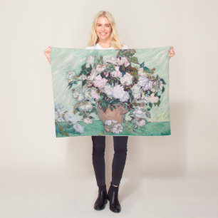 Vase with Pink Roses, Van Gogh Fleece Blanket