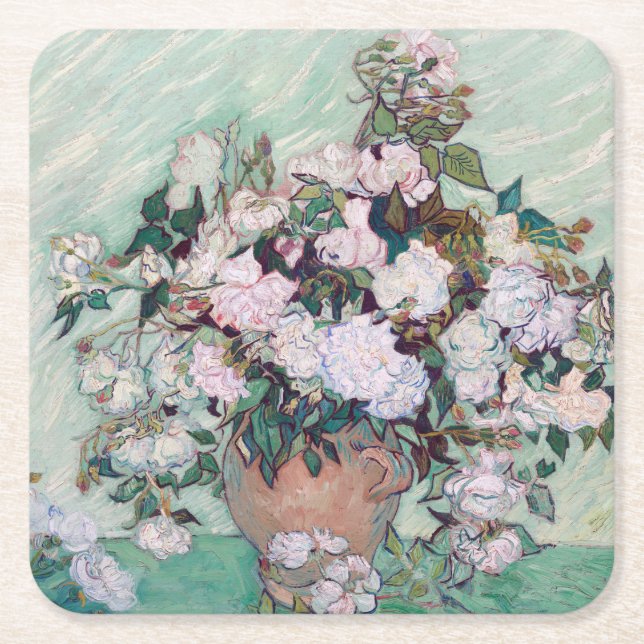Vase with Pink Roses, Van Gogh Square Paper Coaster (Front)