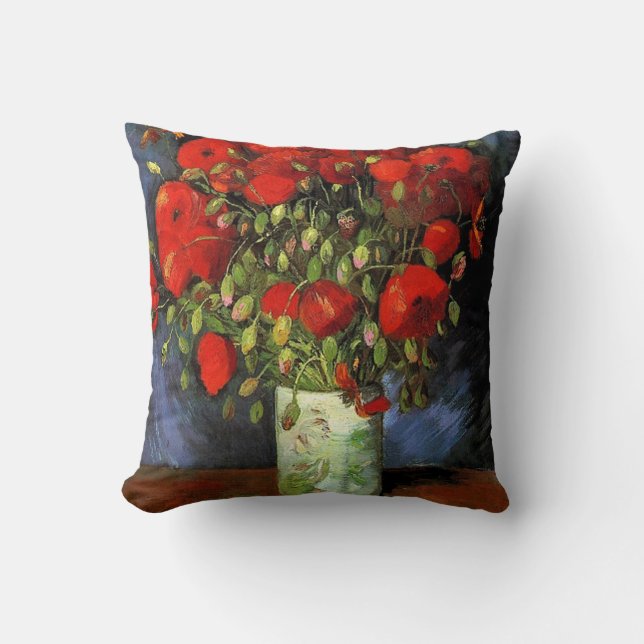 Vase with Red Poppies by Vincent van Gogh. Throw Pillow (Front)