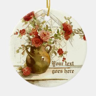 Vase with red roses vintage watercolor ornament