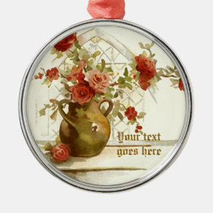 Vase with red roses vintage watercolor ornament