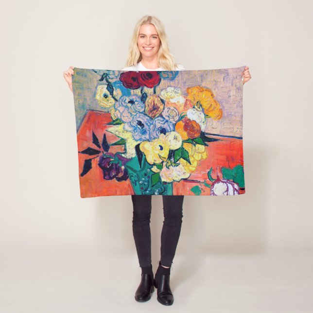 Vase with Roses and Anemones, Van Gogh Fleece Blanket (In Situ)