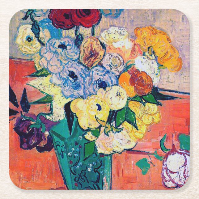 Vase with Roses and Anemones, Van Gogh Square Paper Coaster (Front)