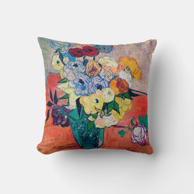 Vase with Roses and Anemones, Van Gogh Throw Pillow (Front)
