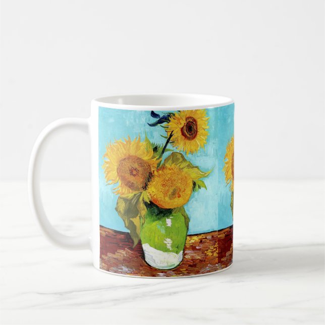 Vase with Three Sunflowers (1888) Vincent Van Gogh Coffee Mug (Left)