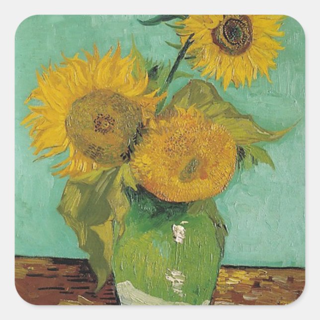 Vase with three sunflowers, Vincent van Gogh Square Sticker (Front)