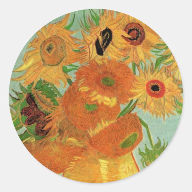 Vase with Twelve Sunflowers by Vincent van Gogh Classic Round Sticker (Front)