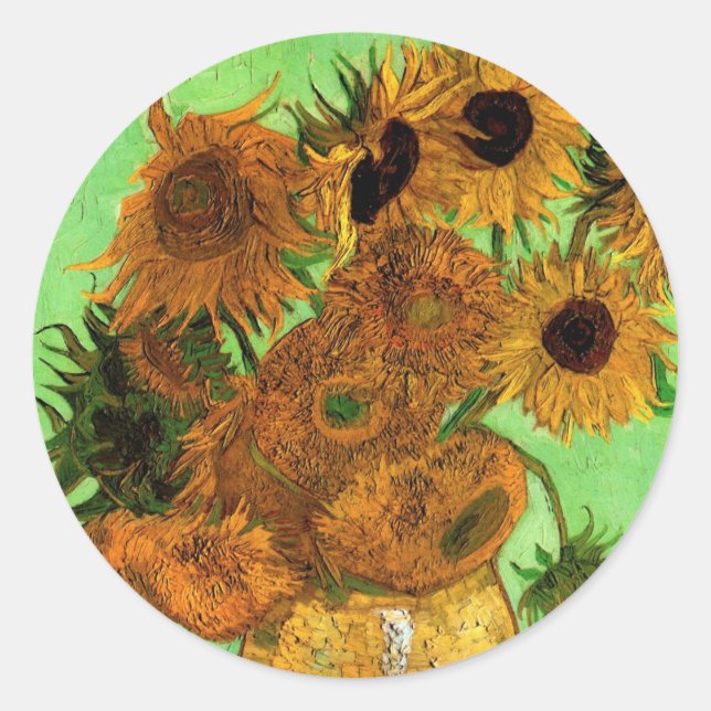Vase with Twelve Sunflowers by Vincent van Gogh Classic Round Sticker (Front)