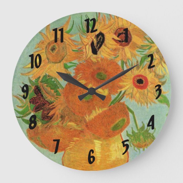 Vase with Twelve Sunflowers by Vincent van Gogh Large Clock (Front)