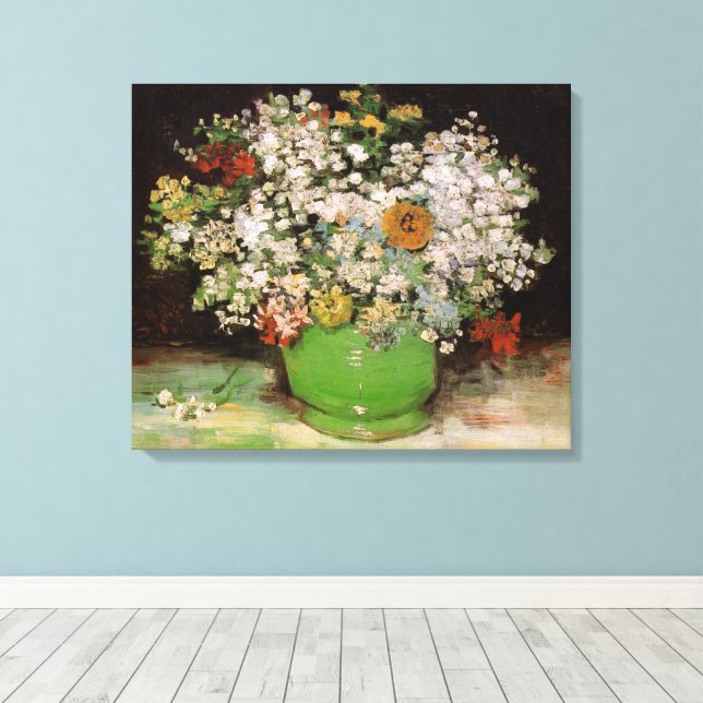 Vase with Zinnia Flowers by Vincent van Gogh Canvas Print (Insitu(Wood Floor))