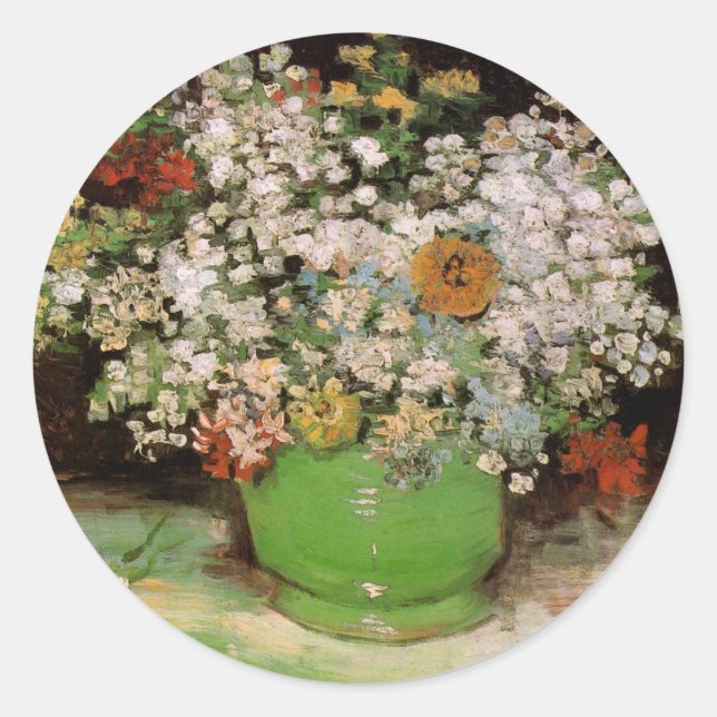Vase with Zinnia Flowers by Vincent van Gogh Classic Round Sticker (Front)