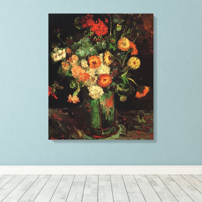 Vase with Zinnias and Geraniums, Vincent van Gogh Canvas Print (Insitu(Wood Floor))