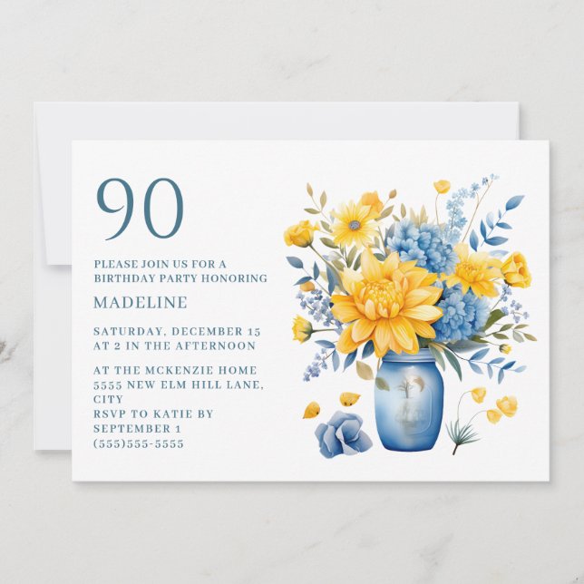 Vase Yellow Blue Flowers 90th Birthday Invitation (Front)
