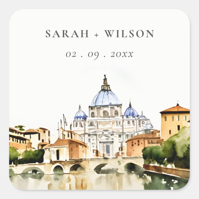 Vatican Rome Italy Watercolor Landscape Wedding Square Sticker (Front)