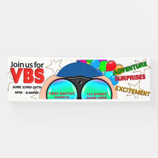 VBS Advertise Banner, Binoculars, Colourful Text Banner (Horizontal)