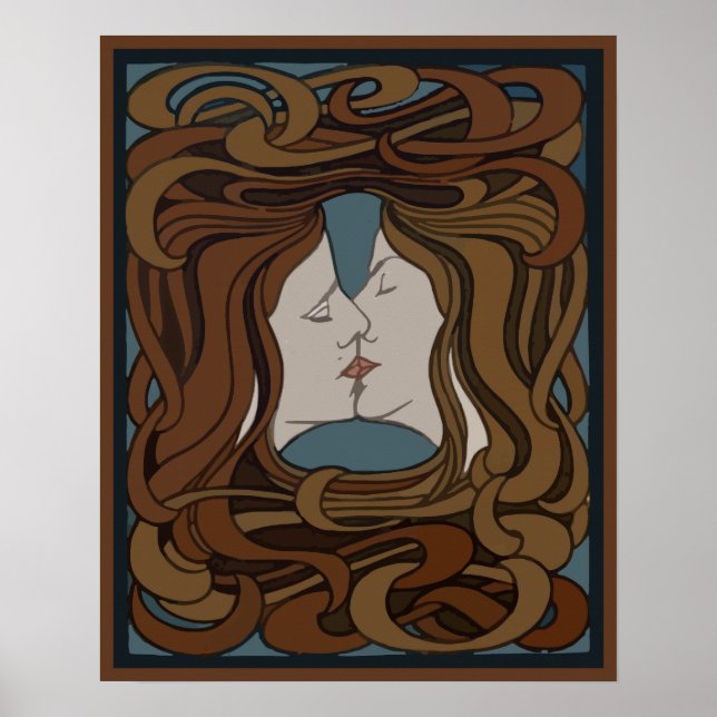 Vector art nouveau two faces kissing poster (Front)
