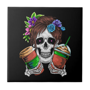 Vector female skull with ice coffee and flower tile