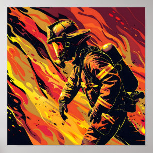 Vector Firefighter with Flames Background Poster