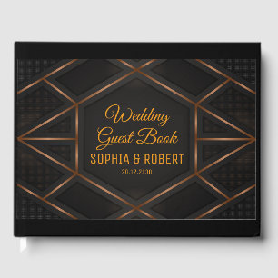 Vector Hexagon Mosaic Brown Script Black Wedding Guest Book