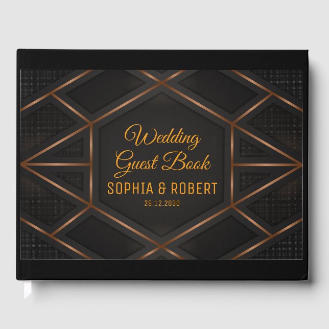 Vector Hexagon Mosaic Brown Script Black Wedding Guest Book (Front)