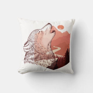Vector illustration of a howling wolf Landscape T- Throw Pillow
