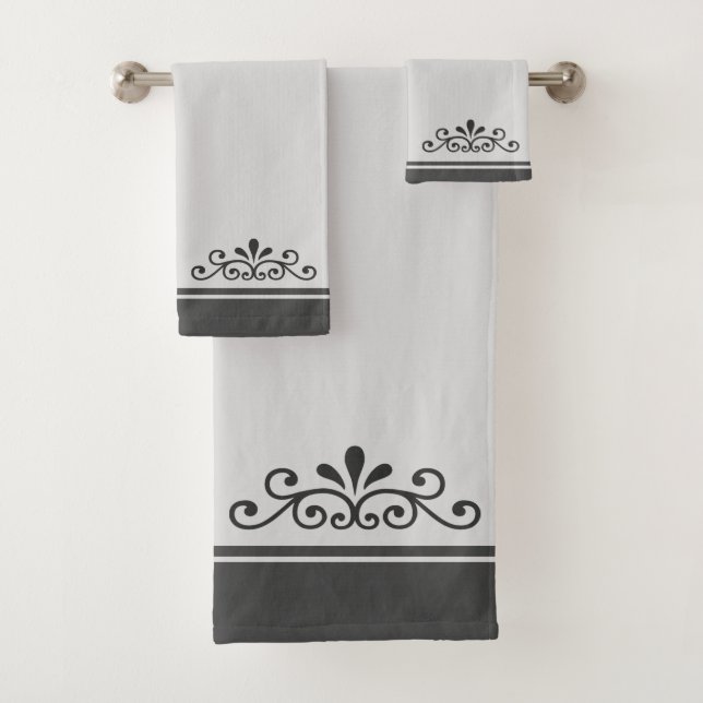 Vector Ornament & Grey Stripes on Light Silver Bat Bath Towel Set (Insitu)