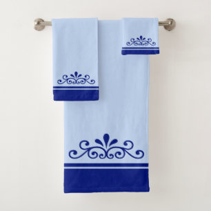 Vector Ornament & Royal Blue Stripes on Light Blue Bath Towel Set